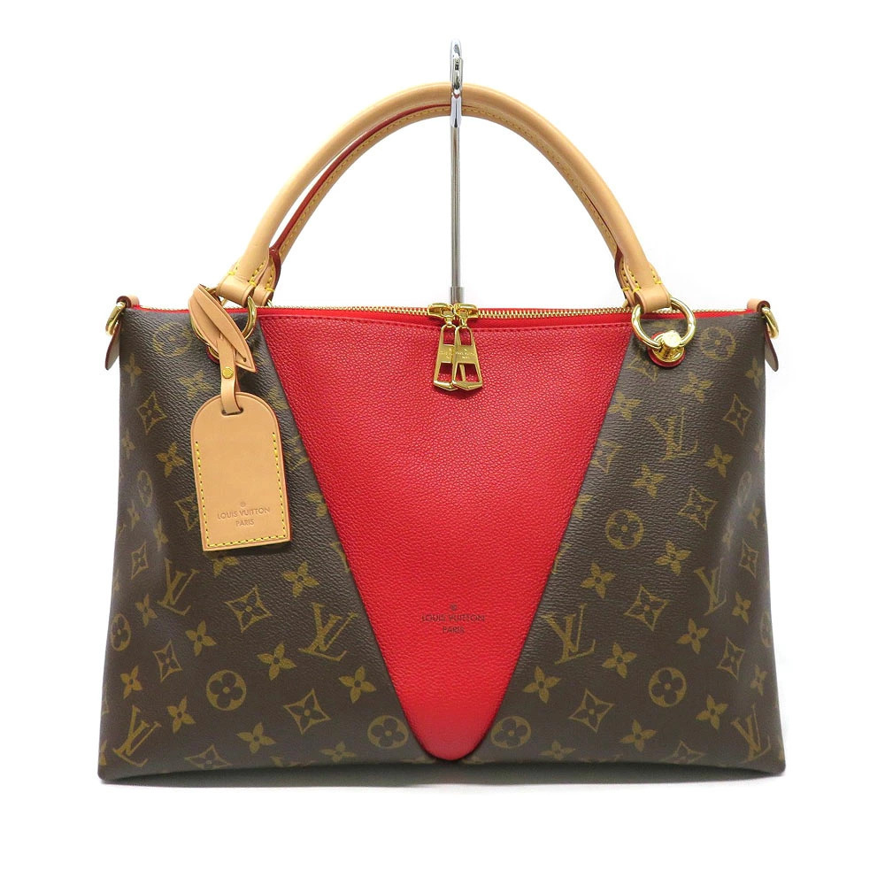Louis Vuitton V Tote Leather Shoulder Bag Brown Red